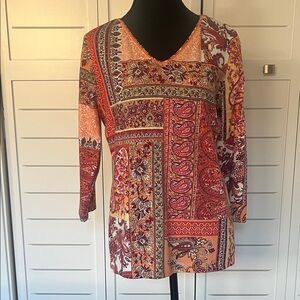 Chico's Vibrant Red and Orange Boho Patchwork Top Tunic Sz 0